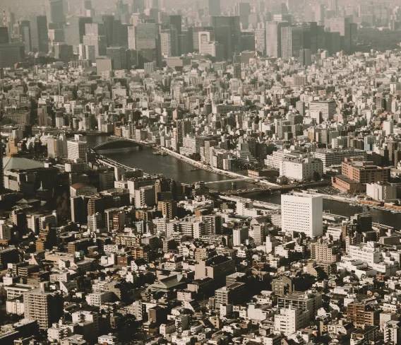 Aerial view of Tokyo in sepia tones — Two Leaves course, business ethics and labor